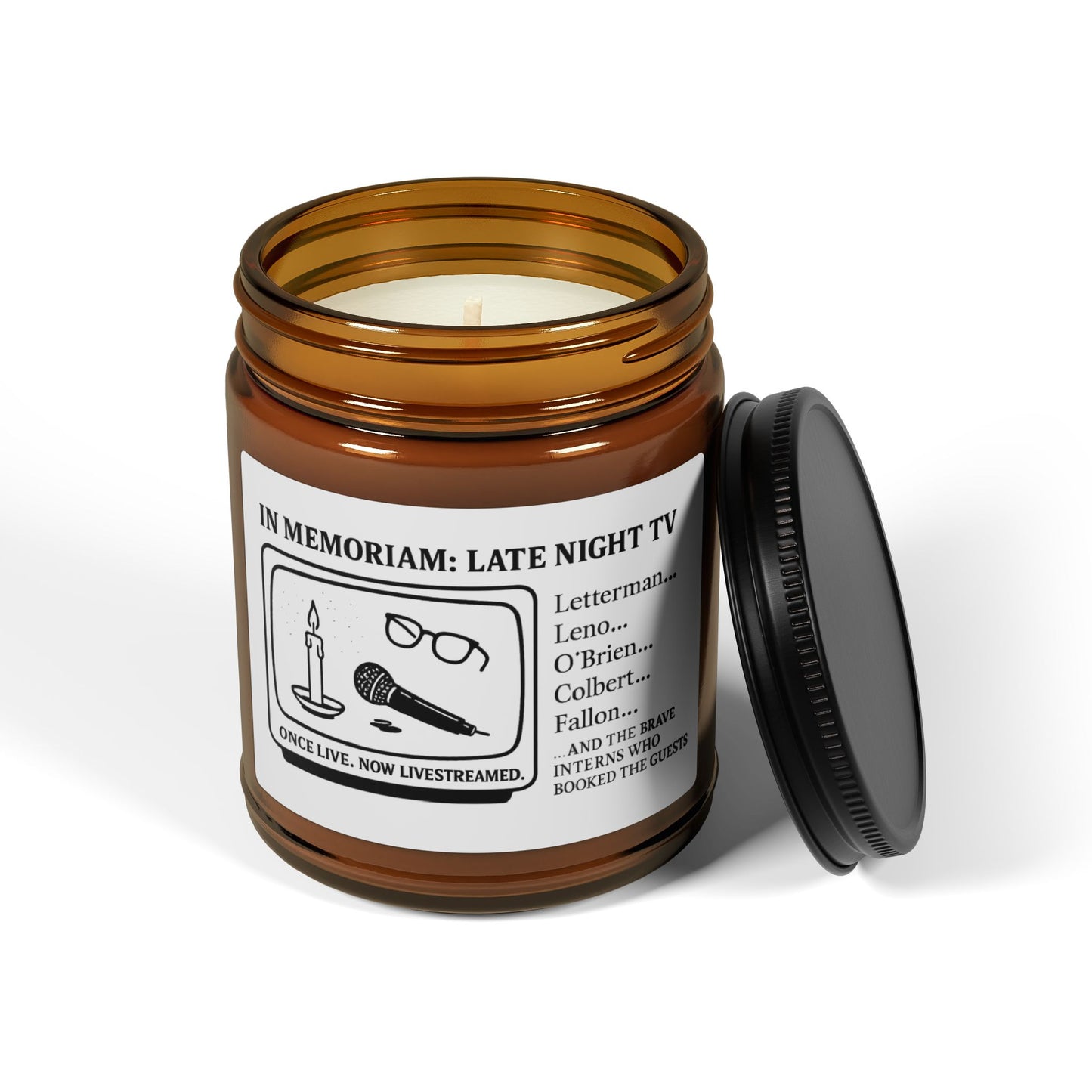 In Memoriam: Late Night TV Candle - Scented Soy Candle, Amber Jar, Cozy Home Decor, Gift for TV Lovers, Memorial Candle, Relaxing Scent