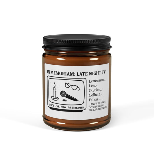 In Memoriam: Late Night TV Candle - Scented Soy Candle, Amber Jar, Cozy Home Decor, Gift for TV Lovers, Memorial Candle, Relaxing Scent