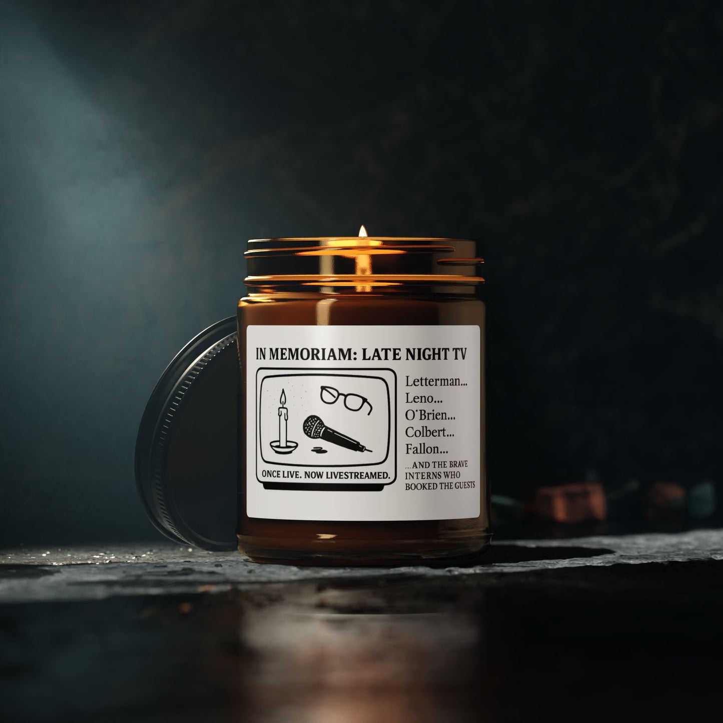 In Memoriam: Late Night TV Candle - Scented Soy Candle, Amber Jar, Cozy Home Decor, Gift for TV Lovers, Memorial Candle, Relaxing Scent