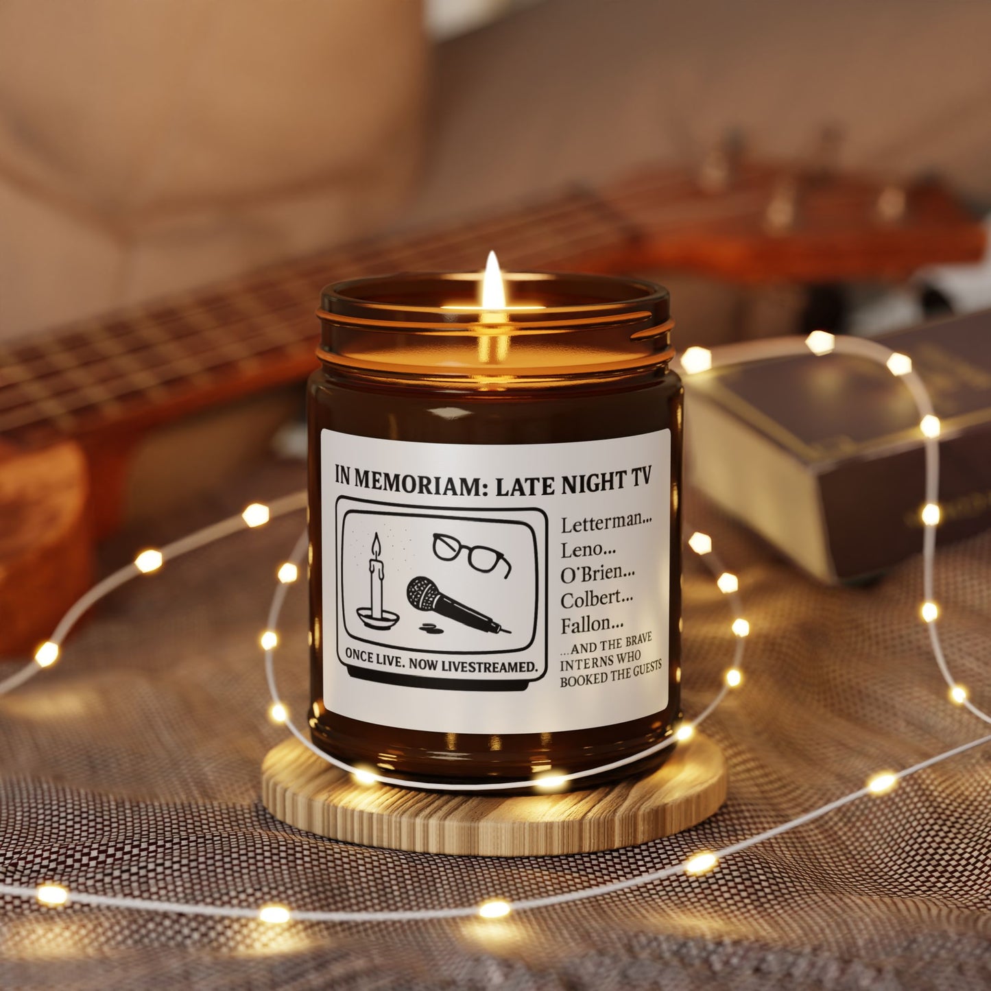 In Memoriam: Late Night TV Candle - Scented Soy Candle, Amber Jar, Cozy Home Decor, Gift for TV Lovers, Memorial Candle, Relaxing Scent